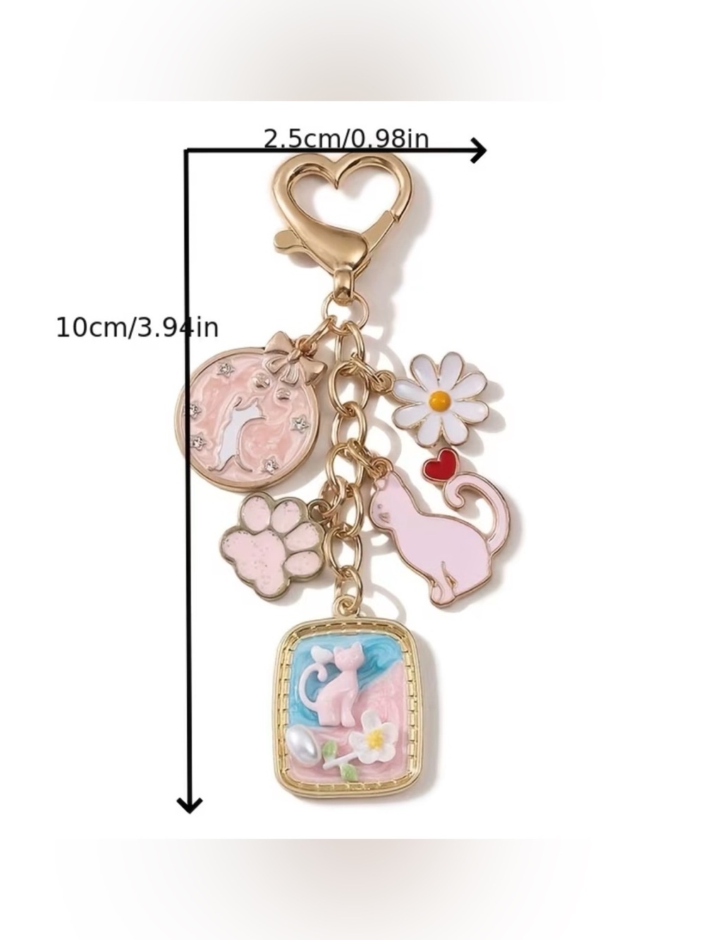Cat & Daisy Enamel Charm Keychain Bag charm Pink w/ Gold Tone Hardware NIP - Picture 3 of 4